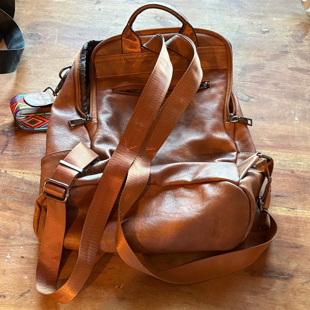 Tan Leather Backpack With Patterned Strap - image 3